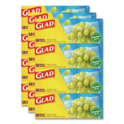 Glad Zipper Food Storage Plastic Bags, Snack Size, 3.25 x 6.63 x 9.31, Clear, 50 Bags/Box, 12 Boxes/Carton (60741)