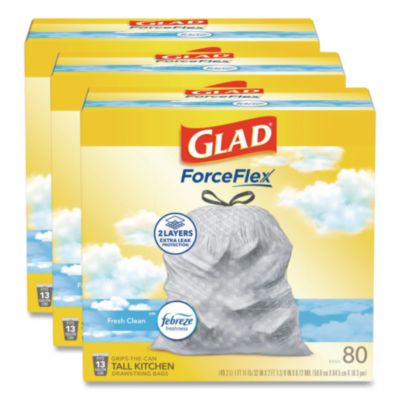 Glad ForceFlex Kitchen Drawstring Trash Bags, 13 gal, Fresh Clean Scent, 24" x 27.38", White, 80 Bags/Box, 3 Boxes/Carton (78899)