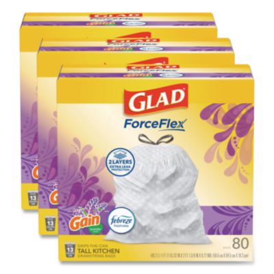 Glad ForceFlex Kitchen Drawstring Trash Bags, 13 gal, Gain Lavender Scent, 24 x 27.38, White, 80 Bags/Box, 3 Boxes/Carton (78902)