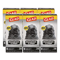 Glad Guaranteed Strong Large Drawstring Trash Bags, Three-Ply, 30 gal, 1.05 mil, 30 x 33, Black, 28 Bags/Box, 6 Boxes/Carton (78966)