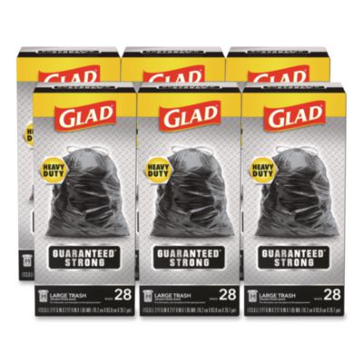 Glad Guaranteed Strong Large Drawstring Trash Bags, Three-Ply, 30 gal, 1.05 mil, 30 x 33, Black, 28 Bags/Box, 6 Boxes/Carton (78966)