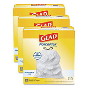 Glad ForceFlex Kitchen Drawstring Trash Bags, Drawstring, 13 gal, Unscented, 23.47 x 25.38, White, 110 Bags/Box, 3 Boxes/Carton (22541CT)