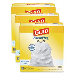 Glad ForceFlex Kitchen Drawstring Trash Bags, Drawstring, 13 gal, Unscented, 23.47 x 25.38, White, 110 Bags/Box, 3 Boxes/Carton (22541CT)