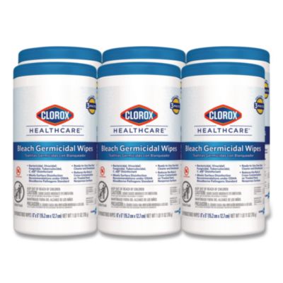 Clorox Healthcare Bleach Germicidal Wipes, 1-Ply, 6 x 5, Unscented, White, 150/Canister, 6 Canisters/Carton (30577CT)