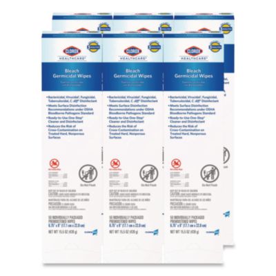 Clorox Healthcare Bleach Germicidal Wipes, Individual Wipes, 1-Ply, 6.75 x 9, Unscented, White, 50/Box, 6 Boxes/Carton (31424CT)