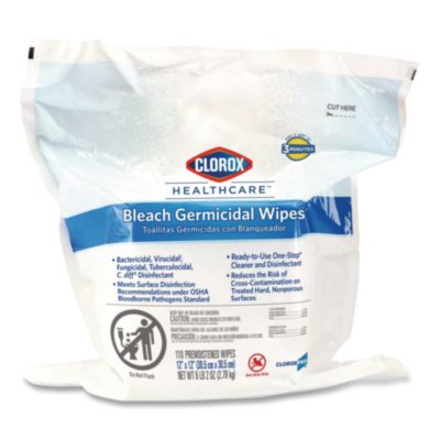 Clorox Healthcare Bleach Germicidal Wipes, Refill for Bucket, 1-Ply, 12 x 12, Unscented, White, 110/Pouch (30359)