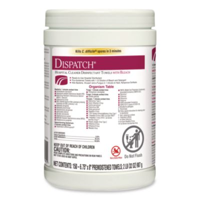 Clorox Healthcare Dispatch Hospital Cleaner Disinfectant Towels with Bleach, 1-Ply, 6.75 x 8, Unscented, White, 150/Canister (69150EA)
