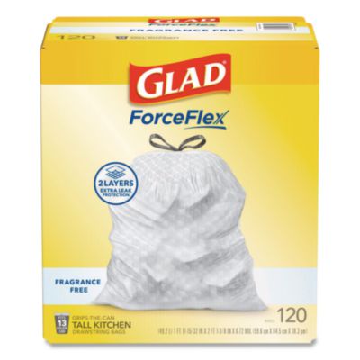 Glad Tall Kitchen Drawstring Trash Bags with LeakGuard, 13 gal, Unscented, 23.47" x 25.38", White, 120/Box (78564)