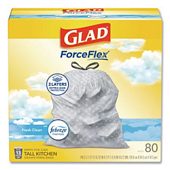 Glad ForceFlex Kitchen Drawstring Trash Bags, 13 gal, Gain Fresh Clean Scent, 24 x 27.38, White, 80/Box (78899BX)
