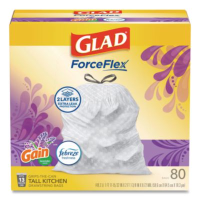 Glad ForceFlex Kitchen Drawstring Trash Bags, 13 gal, Gain Lavender with Febreze Freshness, 24 x 27.38, White, 80/Box (78902BX)