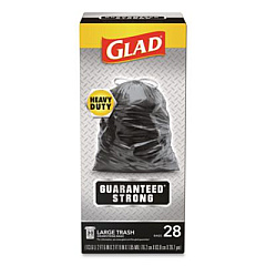Glad Guaranteed Strong Large Drawstring Trash Bags, Three-Ply, 30 gal, 1.05 mil, 30 x 33, Black, 28/Box (78966BX)