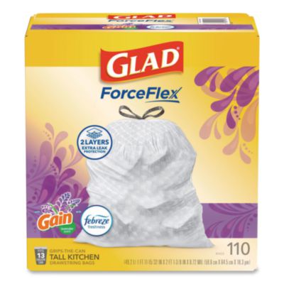 Glad ForceFlex Tall Kitchen Drawstring Trash Bags, 13 gal, Gain Lavender with Febreze Freshness, 10.18 x 9.81, White, 110/Box (79157)
