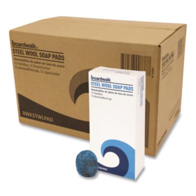 Boardwalk Steel Wool Soap Pads, 3 x 2.5, Blue, 15 Pads/Box, 12 Boxes/Carton (STWLPAD)