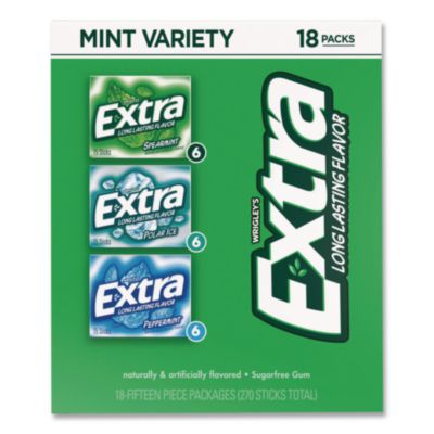 Wrigley's Extra Mint Variety Sugar-Free Gum, Peppermint/Polar Ice/Spearmint, 15 Sticks/Pack, 18 Packs/Carton (22002643)