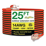 GoGreen Power 14 AWG Lighted End Heavy-Duty Extension Cord, 25 ft, 15 A, Orange/Black (GG13825)
