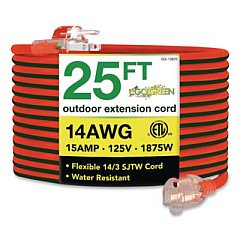 GoGreen Power 14 AWG Lighted End Heavy-Duty Extension Cord, 25 ft, 15 A, Orange/Black (GG13825)