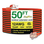 GoGreen Power 12 AWG Lighted End Heavy-Duty Extension Cord, 50 ft, 15 A, Orange/Black (GG14050)