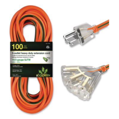 GoGreen Power 14 AWG 3-Outlet Heavy-Duty Extension Cord, 100 ft, 13 A, Orange (GG15100)