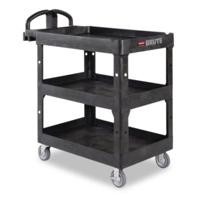 Rubbermaid Commercial BRUTE 3-Shelf Heavy-Duty Ergo Lipped Utility Cart, Resin, 3 Shelves, 600 lb Capacity, 25.24" x 44" x 47", Black (2196862)