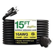 GoGreen Power 16 AWG Outdoor Extension Cord, 15 ft, 13 A, Black (GG13715BK)