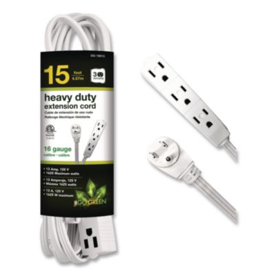GoGreen Power 3 Outlet Indoor Extension Cord, 15 ft, 13 A, White (GG19615)