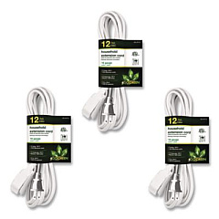 GoGreen Power Household Extension Cord, 12 ft, 13 A, White, 3/Pack (GG247123)