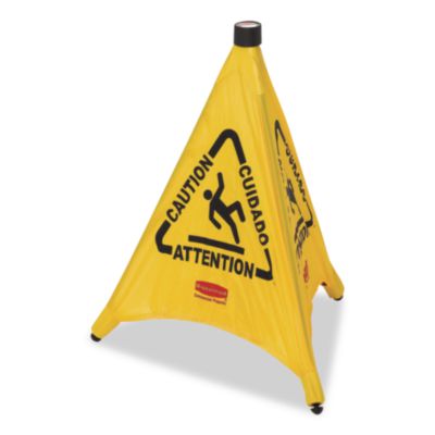 Rubbermaid Commercial Multilingual Pop-Up Safety Cone, 3-Sided, Fabric, 21 x 21 x 20, Yellow (9S00YEL)
