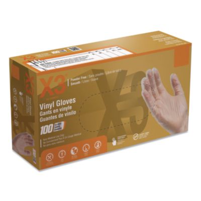 X3 by AMMEX Industrial Vinyl Gloves, Powder-Free, X-Large, 3 mil Thick, 9.5" Long, Clear, 100/Box (GPX348100)
