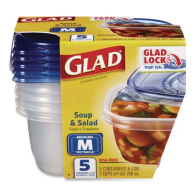 Glad Soup and Salad Containers, Medium Rectangle, 24 oz, 6.49 x 4.86 x 2.98, Clear/Bue, Plastic, 5/Pack (60796PK)