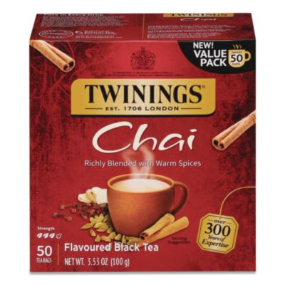 TWININGS Tea Bags, Chai Black Tea, 0.07 oz Tea Bag, 50/Box (TNA55503)