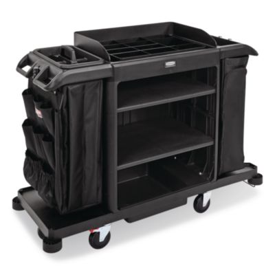 Rubbermaid Commercial Full Size Housekeeping Cart with Accessory Bundle, Resin, 3 Shelves, 2 Bins, 24.4 x 62.4 x 49, Black (2202527)