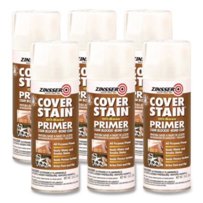 Zinsser Cover Stain Oil-Based Spray Primer, Interior/Exterior, Flat White, 13 oz Aerosol Can, 6/Carton (3608)
