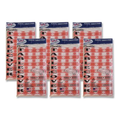 Tablemate Table Set Rectangular Table Covers, Heavyweight Plastic, 54" x 108", Plaid Red/White, 6/Pack (549RDG)