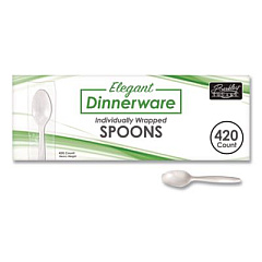 Berkley Square Elegant Dinnerware Heavyweight Cutlery, Individually Wrapped, Spoon, Plastic, White, 420/Box (90187)