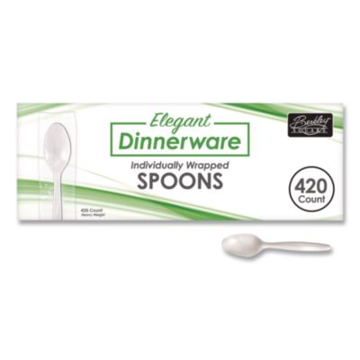 Berkley Square Elegant Dinnerware Heavyweight Cutlery, Individually Wrapped, Spoon, Plastic, White, 420/Box (90187)