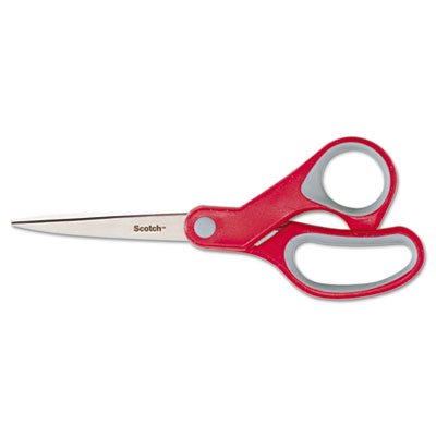 Scotch Multi-Purpose Scissors, 8" Long, 3.38" Cut Length, Gray/Red Straight Handle (1428)