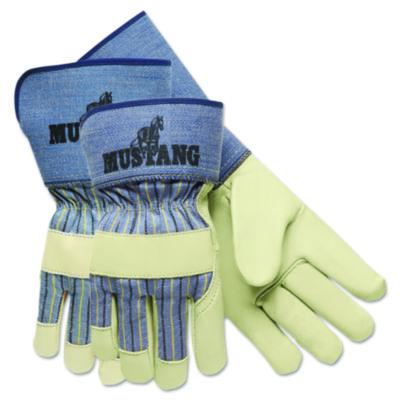 MCR Safety Grain-Leather-Palm Gloves, Gunn Cut, Wing Thumb, Medium, Blue Striped/White, 12 Pairs (1936M)