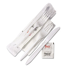 GEN Wrapped Cutlery Kit, 6.25", Fork/Knife/Napkin/Salt/Pepper, Polypropylene, White, 500/Carton (GEN5KITMW)
