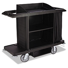 Rubbermaid Commercial Housekeeping Cart, Plastic, 3 Shelves, 2 Bins, 22" x 60" x 50", Black (FG618900BLA)