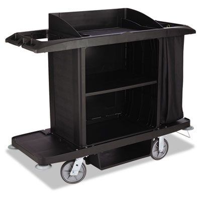 Rubbermaid Commercial Housekeeping Cart, Plastic, 3 Shelves, 2 Bins, 22" x 60" x 50", Black (FG618900BLA)