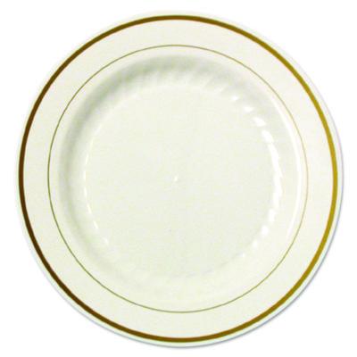 WNA Masterpiece Plastic Plates, 9" dia, Ivory/Gold, 10/Pack, 12 Packs/Carton (MP9IPREM)