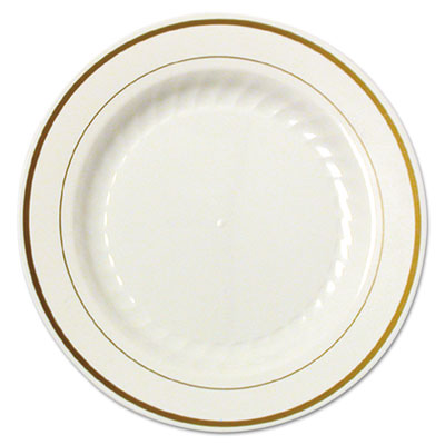WNA Masterpiece Plastic Plates, 6" dia, Ivory/Gold, 10/Pack, 15 Packs/Carton (MP6IPREM)