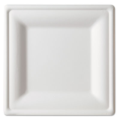 Eco-Products Renewable and Compostable Square Sugarcane Plates, Large, Natural White, 50/Pack, 5 Packs/Carton (EPP023)