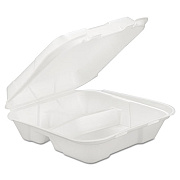 GEN Foam Hinged Carryout Container, 3-Comp, White, 9 1/4 X 9 1/4 X 3, 200/carton (GENHINGEDL3)