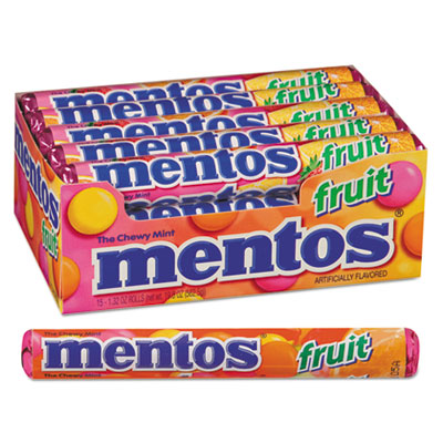 Mentos Chewy Mints, 1.32 oz, Mixed Fruit, 15 Rolls/Box (4181)