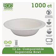 Eco-Products Renewable and Compostable Sugarcane Bowls, 12 oz, Natural White, 50/Pack, 20 Packs/Carton (EPBL12)