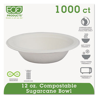 Eco-Products Renewable and Compostable Sugarcane Bowls, 12 oz, Natural White, 50/Pack, 20 Packs/Carton (EPBL12)