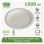 Eco-Products Renewable and Compostable Sugarcane Plates Convenience Pack, 6" dia, Natural White, 50/Packs, 20 Packs/Carton (EPP016PKCT)