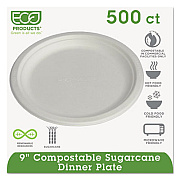 Eco-Products Renewable and Compostable Sugarcane Plates, 9" dia, Natural White, 500/Carton (EPP013)