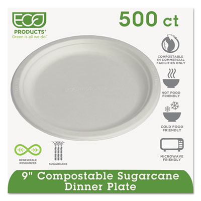 Eco-Products Renewable and Compostable Sugarcane Plates, 9" dia, Natural White, 500/Carton (EPP013)